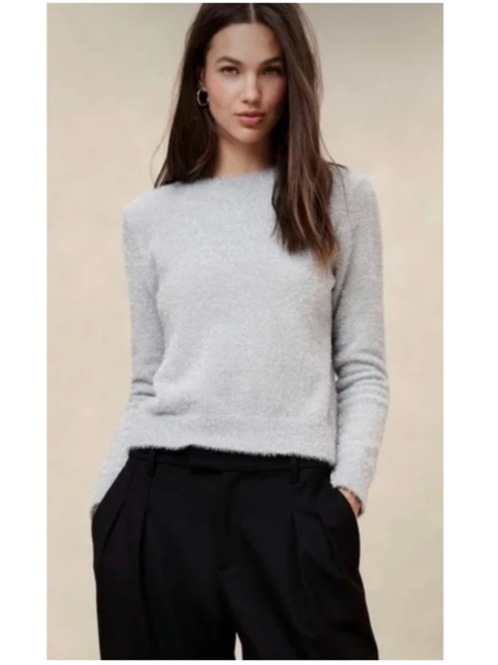 Banana Republic Tinsel Eyelash Knit Crewneck Pullover Sweater Silver XXL